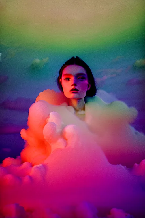 Image similar to high quality pastel coloured film close up wide angle photograph of a model wearing clothing resting on cloud furniture in a icelandic black rock!! environment in a partially haze filled dreamstate world. three point light, rainbow. photographic production. art directed. pastel colours. volumetric clouds. pastel gradient overlay. waves glitch artefacts. extreme facial clarity. 8 k. filmic.