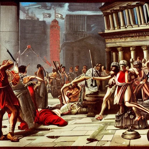 Prompt: the assassination of julius caesar in manhattan, highly detailed concept art, vibrant colors,
