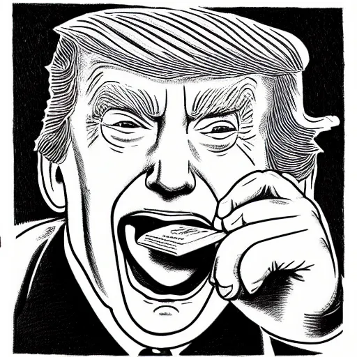 Prompt: close - up portrait of donald trump eating newspapers, by robert crumb, black and white drawing, very intricate