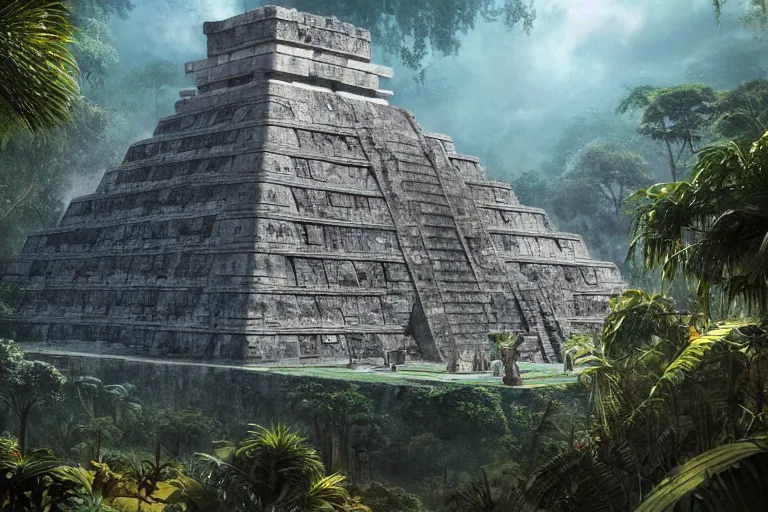 Image similar to Brutalist mayan temple in the jungle, beautiful dynamic lighting, cinematic, wide angle establishing shot, extremely high detail, photo realistic, cinematic lighting, post processed, concept art, artstation, matte painting, style by eddie mendoza, raphael lacoste, alex ross