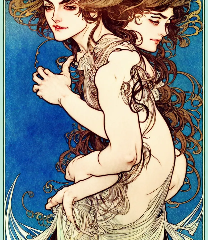 Image similar to in the style of artgerm, arthur rackham, alphonse mucha, phoebe tonkin, symmetrical eyes, symmetrical face, flowing blue skirt, full entire body, hair blowing, intricate filagree, hidden hands, warm colors, cool offset colors