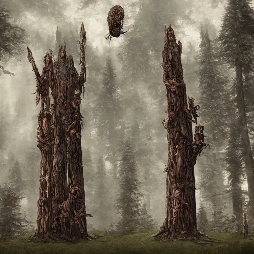 Prompt: evil druids performing a ritual around a tall wooden totem, on a hill, a detailed matte painting, fantasy, foggy