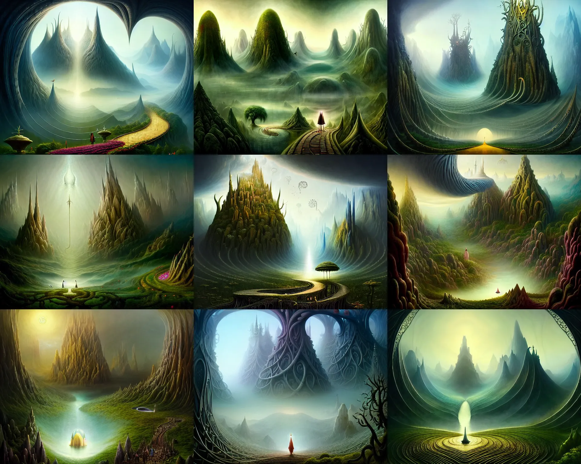 Prompt: a beguiling epic stunning beautiful and insanely detailed matte painting of the impossible winding path through the land of the elder elvish gods with surreal architecture designed by Heironymous Bosch, mega structures inspired by Heironymous Bosch's Garden of Earthly Delights, vast surreal landscape and horizon by Asher Durand and Cyril Rolando and Natalie Shau, masterpiece!!!, grand!, imaginative!!!, whimsical!!, epic scale, intricate details, sense of awe, elite, wonder, insanely complex, masterful composition!!!, sharp focus, fantasy realism, dramatic lighting
