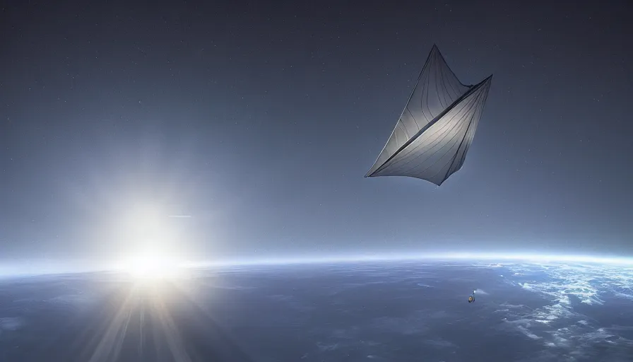 Image similar to no man's sky, solar sail between sun and earth, cinematic, digital art