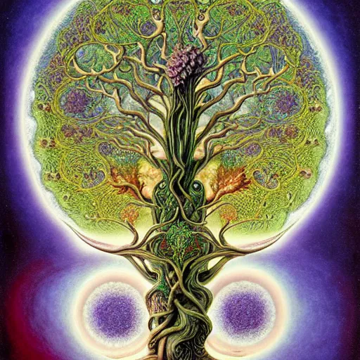 Prompt: sacred mulberry tree by roger dean and andrew ferez, art forms of nature by ernst haeckel, divine chaos engine, tree of life, symbolist, visionary, art nouveau, botanical fractal structures, lightning, surreality, lichtenberg figure