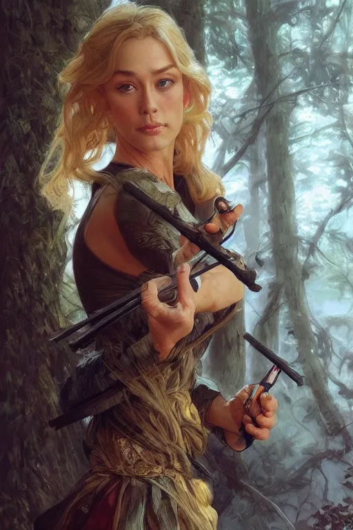 Image similar to beautiful cottagecore jean claude van dam holding nunchuks, blonde Hair, dark forest, intricate, elegant, highly detailed, digital painting, artstation, concept art, smooth, sharp, focus, illustration, art by artgerm and greg rutkowski and alphonse mucha