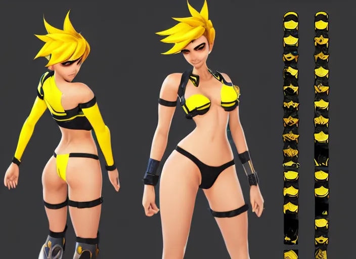 Image similar to tracer game character, in yellow bikini thong yellow, blonde hair, black eyes, full height