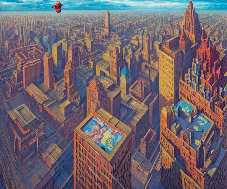 Image similar to hyper detailed 3d render like a Oil painting - mordidly obese superman floating over empty city streets, dramatic sky in background, radiant, depressed sad expression, by Jacek Yerka, Mariusz Lewandowski, Houdini algorithmic generative render, Abstract brush strokes, Masterpiece, Edward Hopper and James Gilleard, Zdzislaw Beksinski, Mark Ryden, Wolfgang Lettl, hints of Yayoi Kasuma, octane render, 8k