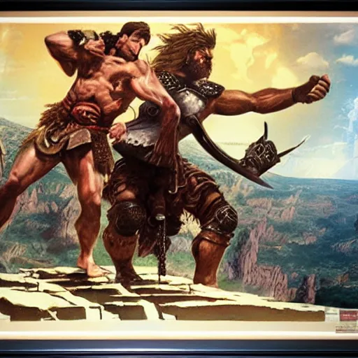 Prompt: two barbarians posing over a defeated monster, detailed poster by Drew Struzan