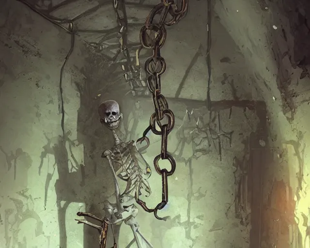 Prompt: close up of a skeleton chained up in a corner of an old abandoned dungeon, very little moss, dark, ancient. Atmospheric lighting, By Makoto Shinkai, Stanley Artgerm Lau, WLOP, Rossdraws, James Jean, Andrei Riabovitchev, Marc Simonetti, krenz cushart, Sakimichan, D&D trending on ArtStation, digital art.