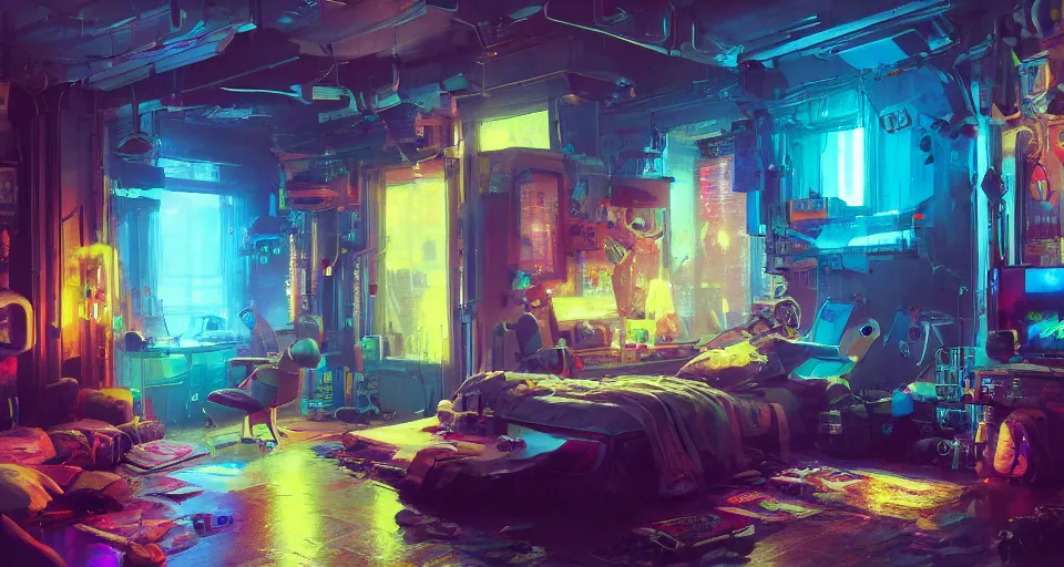 Image similar to IKEA catalogue photo of a cyberpunk bedroom, by Paul Lehr, 8k, HD, realistic, cinematic, artstation, details