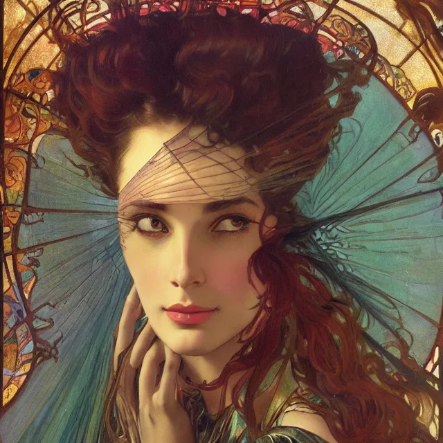 Image similar to an aesthetic! detailed close - up portrait of an aesthetic woman, covered by transparent veil, holding an leather bound book, by frank frazetta and alphonse mucha, oil on canvas, bright colors, art nouveau, epic composition, dungeons & dragons fantasy art, hd, god - rays, ray - tracing, crisp contour - lines, huhd - 8 k