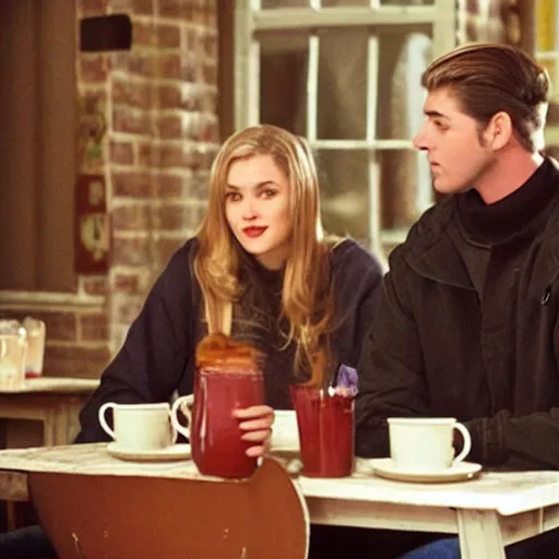 Prompt: 00s photo of a tall guy with dark blond bun (hairstyle) dating a blond girl in an old restaurant, Gilmore girls aesthetic