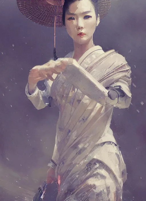 Prompt: female robot geisha girl, beautiful face, rule of thirds, intricate outfit, backlit, by greg rutkowski, by jeremy mann, digital painting