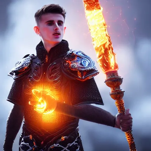 Prompt: Mason Mount wearing chainmail armour holding a glowing fire magical staff. Trending on Artstation octane render ultra detailed art by Ross tran