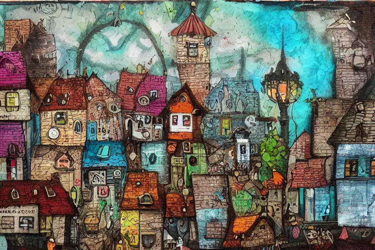 Prompt: a small fantasy town, mixed media on canvas, 2 d, whimsical,