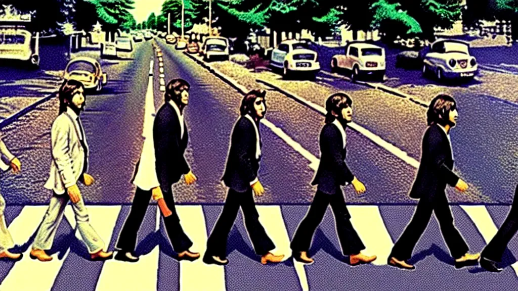 Prompt: The Beatles made out of Honey!! on abbey road, film still from the movie directed by Denis Villeneuve