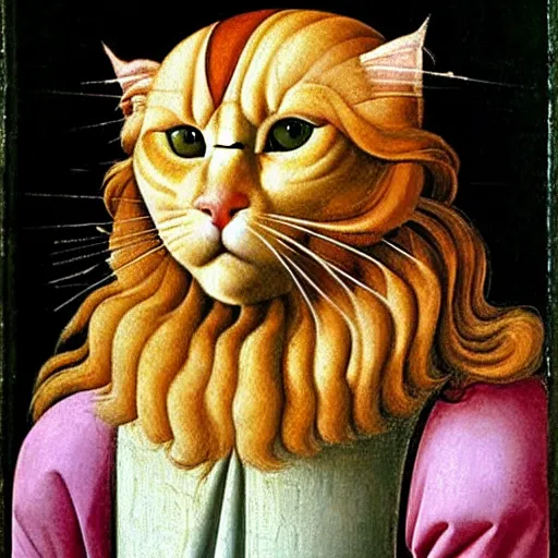 Image similar to beautiful renaissance painting portrait of ginger maine coon with white beard by sandro botticelli, jan van eyck, tiziano vecelli, piero della francesca