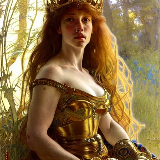 Image similar to highly detailed portrait of a majestic lioness queen in the form of a beautiful woman. d & d. art by donato giancola, eugene delacroix, ruan jia, carl larsson, alphonse mucha. trending on artstation, intricate details, energetic composition, golden ratio, concept art, illustration, elegant art, global illuminaition