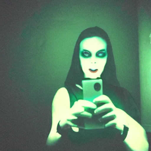 Image similar to A selfie of a woman in a dark room, with a spooky filter applied, in a Halloween style.