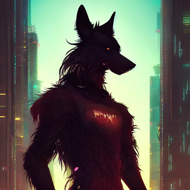 Prompt: a beautiful portrait of a handsome anthropomorphic humanoid black wolf fursona with long red hair in cyberpunk city. character design by cory loftis fenghua zhong ryohei hase isma