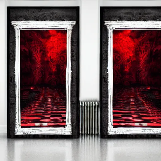 Image similar to dark matter red art house future schizophrenia limbo hipper reflection in the mirror room stratification of consciousness full HD 8K resolution