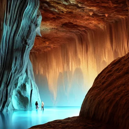 Prompt: travellers,beyond time ,the cathedrals in a underground vast cave canyon grotto, of life the beginning , geological strata,ground mist, falling water,deep clear pools of water,reflection,refraction, hyper-maximalist,micro details, 3d sculpture,,digital rendering,octane render , 4k, artstation, concept art ,amazing lighting, f42,deep depth of field,photographic, wide angle,cinematic lighting, by Sparth and Greg Rutkowski,