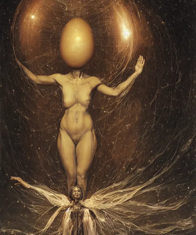 Image similar to Beautiful full-body wax sculpture of a glowing transparent woman inside egg with melted white wax inside the singularity where stars becoming baroque folds of dark matter by Michelangelo da Caravaggio, Nicola Samori, William Blake, Alex Grey and Beksinski, dramatic volumetric lighting, highly detailed oil painting, 8k, masterpiece