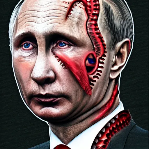 Prompt: bodyhorror portrait of vladimir putin who became a degraded retarded lovecraftian worm, photo - realistic, color image, 2 k, highly detailed