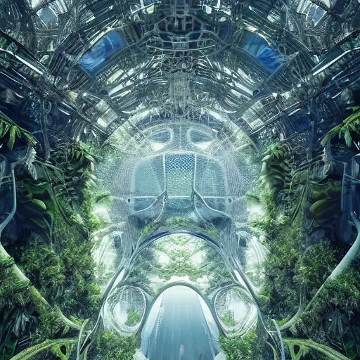 Image similar to epic, ultra detailed, hyper - real alien jungle by greg rutkowski inside a giant fractal dome by zaha hadid