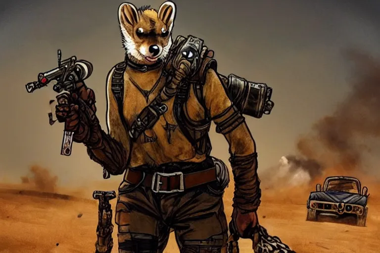 Image similar to a good ol'weasel fursona ( from the furry fandom ), heavily armed and armored facing down armageddon in a dark and gritty version from the makers of mad max : fury road. witness me.