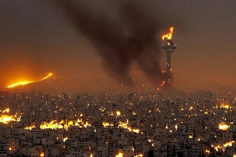 Prompt: Tehran is ruined. Aliens attacked Tehran. ruined buildings, apocalypse, Milad tower, fire, detailed, dramatic lighting, tragic