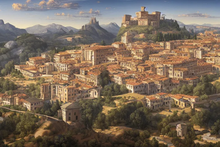 Image similar to an ultra detailed matte landscape painting of an italian renaissance capital city built on top of a large hill sweeping vista, italian renaissance architecture, ultrawide lense, aerial photography, 8 k, volumetric lighting, smooth, highly detailed, digital illustration, art by greg rutkowski and akira toriyama and artgerm