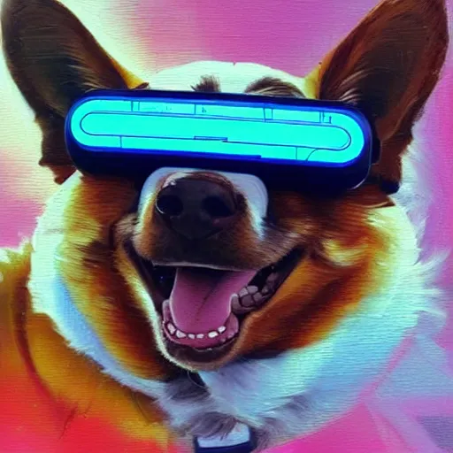 Prompt: a painting of a happy corgi wearing a cyberpunk augmented reality visor by artgerm and van gogh, highly detailed, oil on canvas