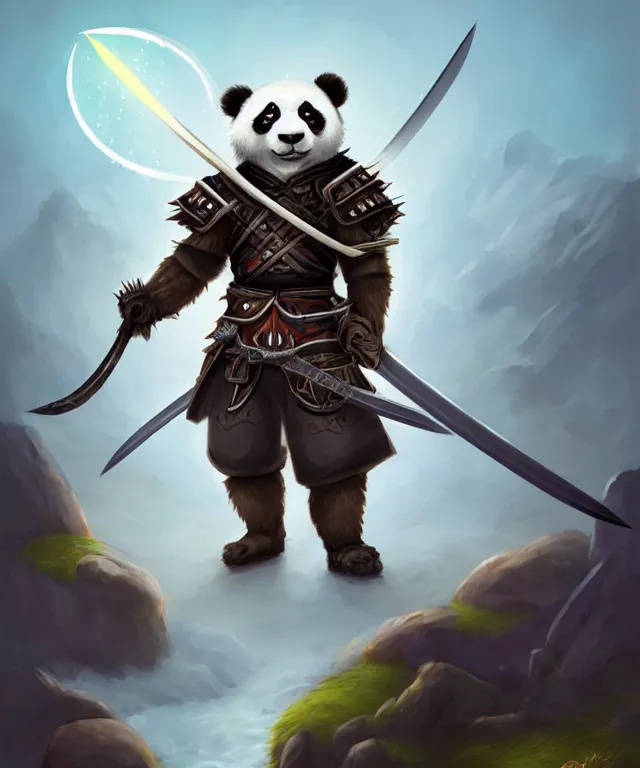 Image similar to a portrait an anthropomorphic panda samurai holding a katana, wearing armor with spiked shoulders, landscape in background, dnd character art portrait, world of warcraft style, by peter mohrbacher, cinematic lighting