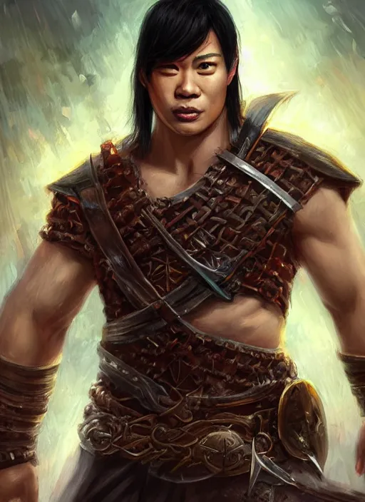 Image similar to muscly asian man with medium black parted hair, dndbeyond, bright, colourful, realistic, dnd character portrait, full body, pathfinder, pinterest, art by ralph horsley, dnd, rpg, lotr game design fanart by concept art, behance hd, artstation, deviantart, hdr render in unreal engine 5