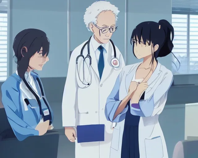 Image similar to a cute and beautiful young female doctor wearing white coat are talking with an old professor in a hospital, slice of life anime, lighting, anime scenery by Makoto shinkai