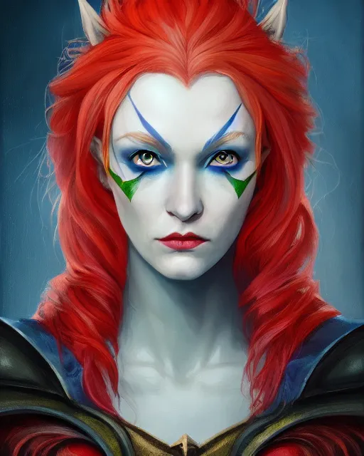 Image similar to A detailed matte oil on canvas head on symmetrical portrait of a distinguished elven woman with a blue eye and a red eye, and red and blue hair by Charlie bowater and lise deharme wlop, trending on artstationhd, dungeons and dragons art critical role