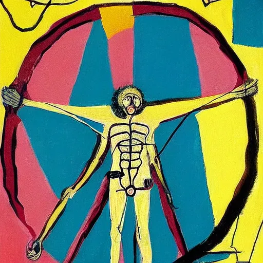 Image similar to painting of the vitruvian man by graham sutherland, basquiat, neo - expressionism, muted colors!