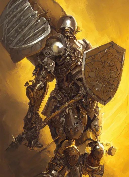 Image similar to dynamic portrait of a intricate mechanical warforged character in yellow armor holding a paladin engraved great longsword and carrying a big shield, epic , trending on ArtStation, cinematic lighting, by Jesper Ejsing