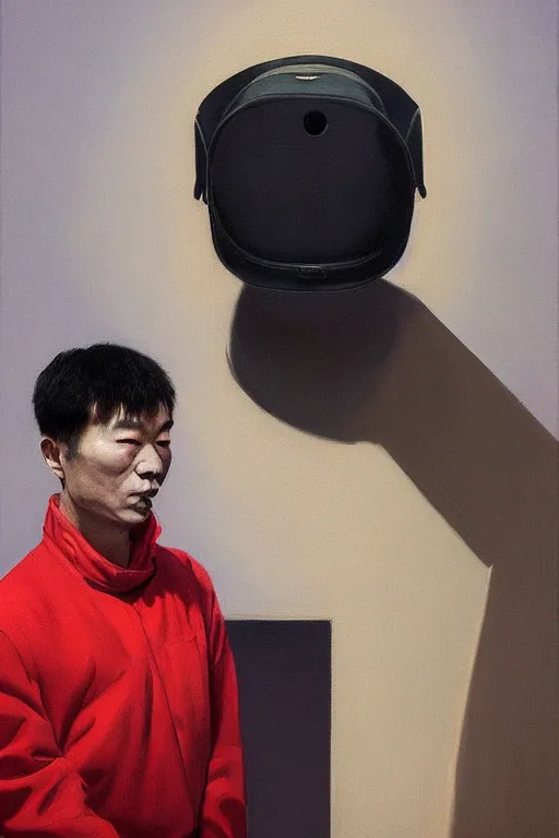 Image similar to Changpeng Zhao wearing oculus and Binance over his head Edward Hopper and James Gilleard, Zdzislaw Beksisnski, highly detailed