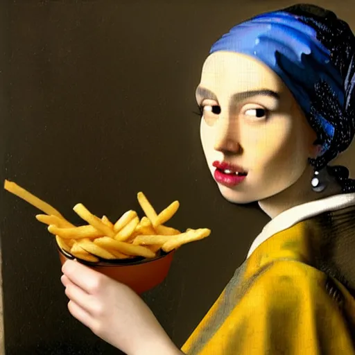 Image similar to dua lipa eating too many fries, johannes vermeer, ultra detailed, ultra realistic