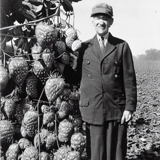 Prompt: vintage, wrinkled, black and white photograph of a man standing proudly next to an enourmous strawberry