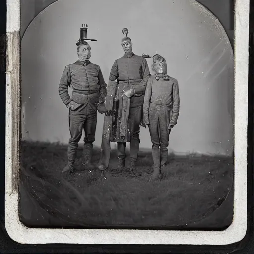 Image similar to tintype, wide angle view, scientists and soldiers show captured alien specimen