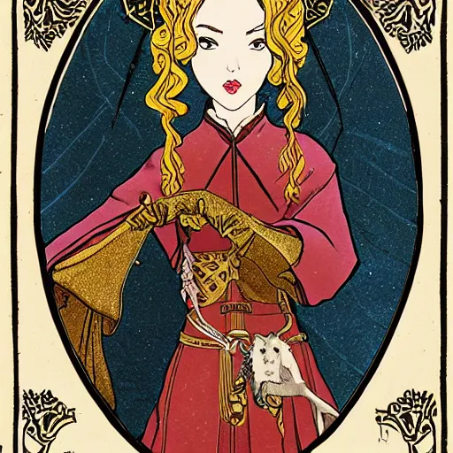 Image similar to a tarot card of teenage christina hendricks as a medieval noblewoman, fantasy, intricate, elegant, highly detailed, digital painting, artstation, concept art, matte, sharp focus, illustration, by hokusai and jeong seon