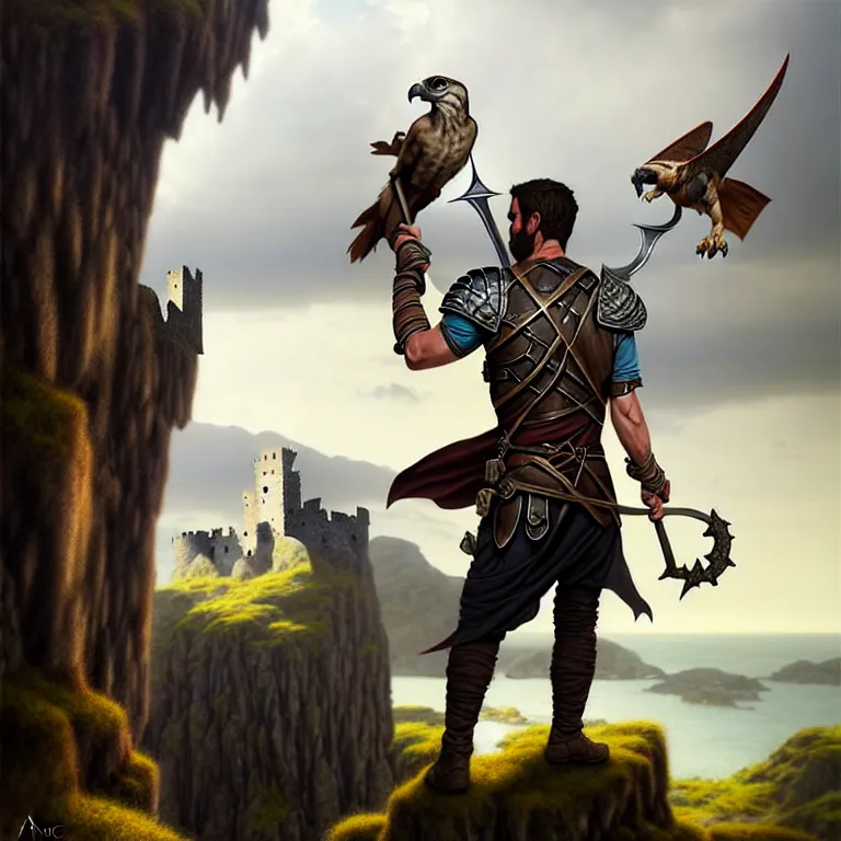 Image similar to middle d & d ranger with rugged expressions falcon pet on his shoulder holding a high detailed long sword, top a cliff observing old ruins of a castle, elegant clothing, photorealistic render, matte painting, highly detailed, artstation, smooth, sharp focus, art by michael whelan, artgerm, greg rutkowski, scrathed image