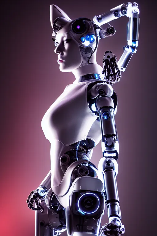 Image similar to cybernetic ultra high tech female robot with cat ears, neo - rococo, sci - fi, cyberpunk, high tech, futurism, exoskeleton, symmetry, cinematic, elegant, luxury, perfect light, perfect composition, dlsr photography, sharp focus, 8 k, ultra hd, sense of awe, highly detailed, realistic, intricate, science journal cover