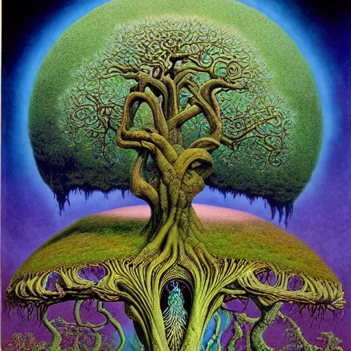 Image similar to sacred ancient ancestral mulberry tree by roger dean and andrew ferez, art forms of nature by ernst haeckel, divine chaos engine, symbolist, visionary, art nouveau, botanical fractal structures, tree of life, lightning bolts, heimat, detailed, realistic, surreality