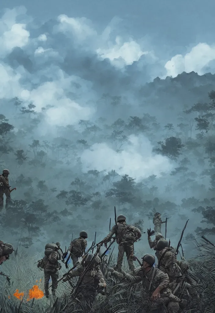 Prompt: handmade illustration of an epic Vietnam war scene with a very few american soldiers walking into the jungle, some smoke and fire, blue sky with dramatic clouds, line art, ballpoint, oil on canvas by Kilian Eng and by Jake Parker, heavy brushstrokes, winning-award masterpiece, fantastic, octane render, 8K HD Resolution, High quality image