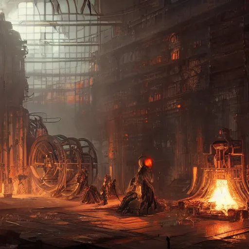 Image similar to adeptus mechanicus techpriest at a forge, by cedric peyravernay and feng zhu, highly detailed, excellent composition, cinematic concept art, dramatic lighting, trending on artstation